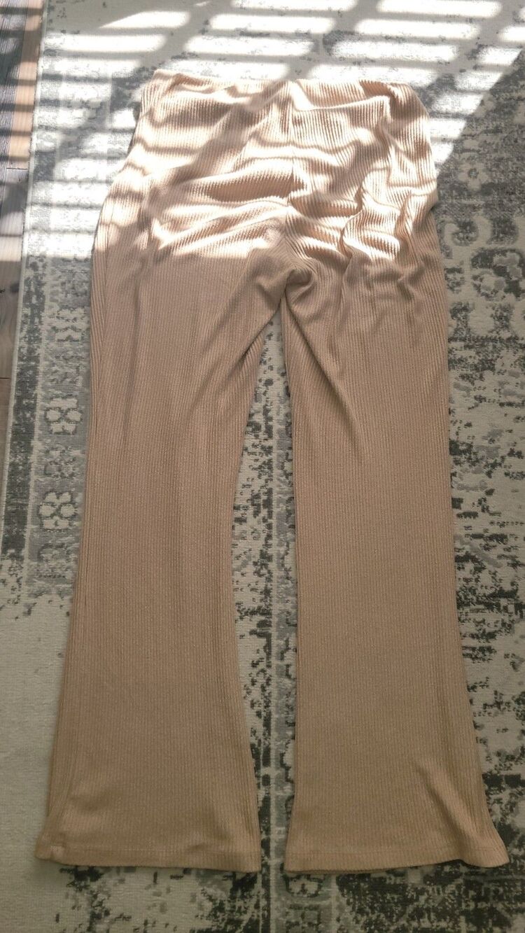 EXPRESS Super High Waisted Ribbed Soft Knit Flare Pants Tan Women's Large